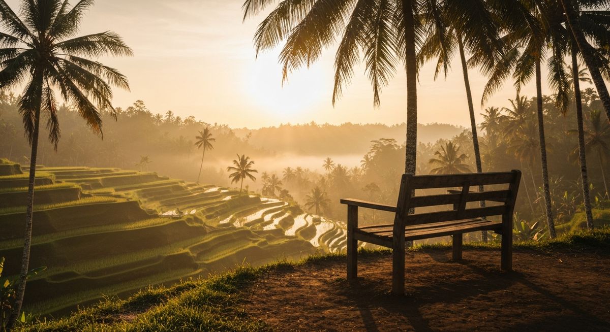 Serene Bali rice terrace at sunrise with morning mist and palm trees